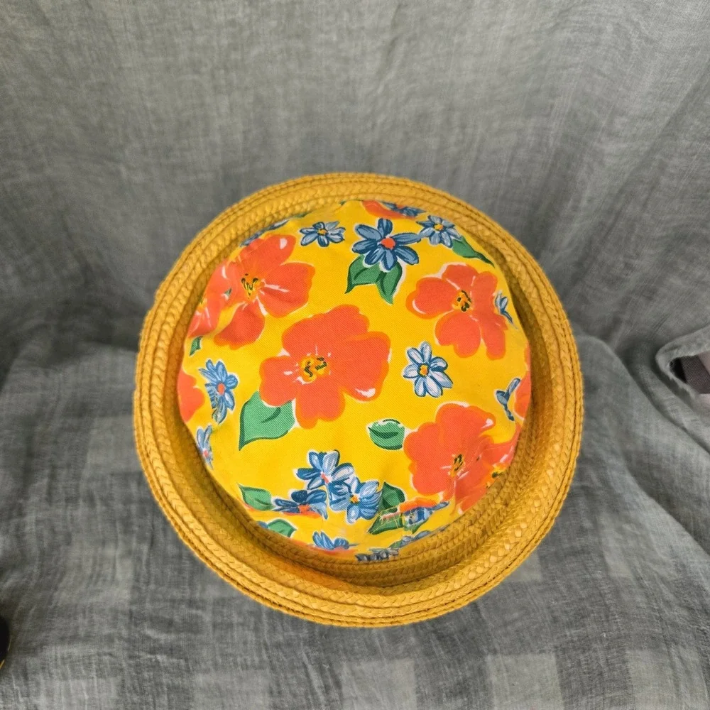 Women's Hat Yellow Rolled Straw Brim w/ Floral 100% Cotton Fabric Crown Size S/M